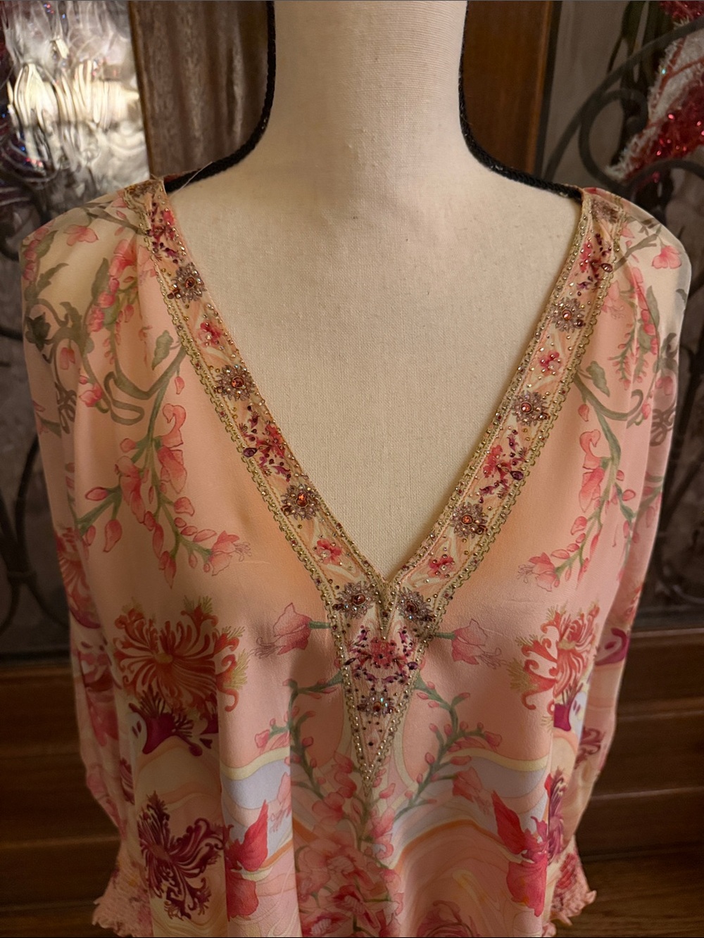 Camilla Blossoms and Brushstrokes Floral Silk V-Neck Blouse - Picture 2 of 10